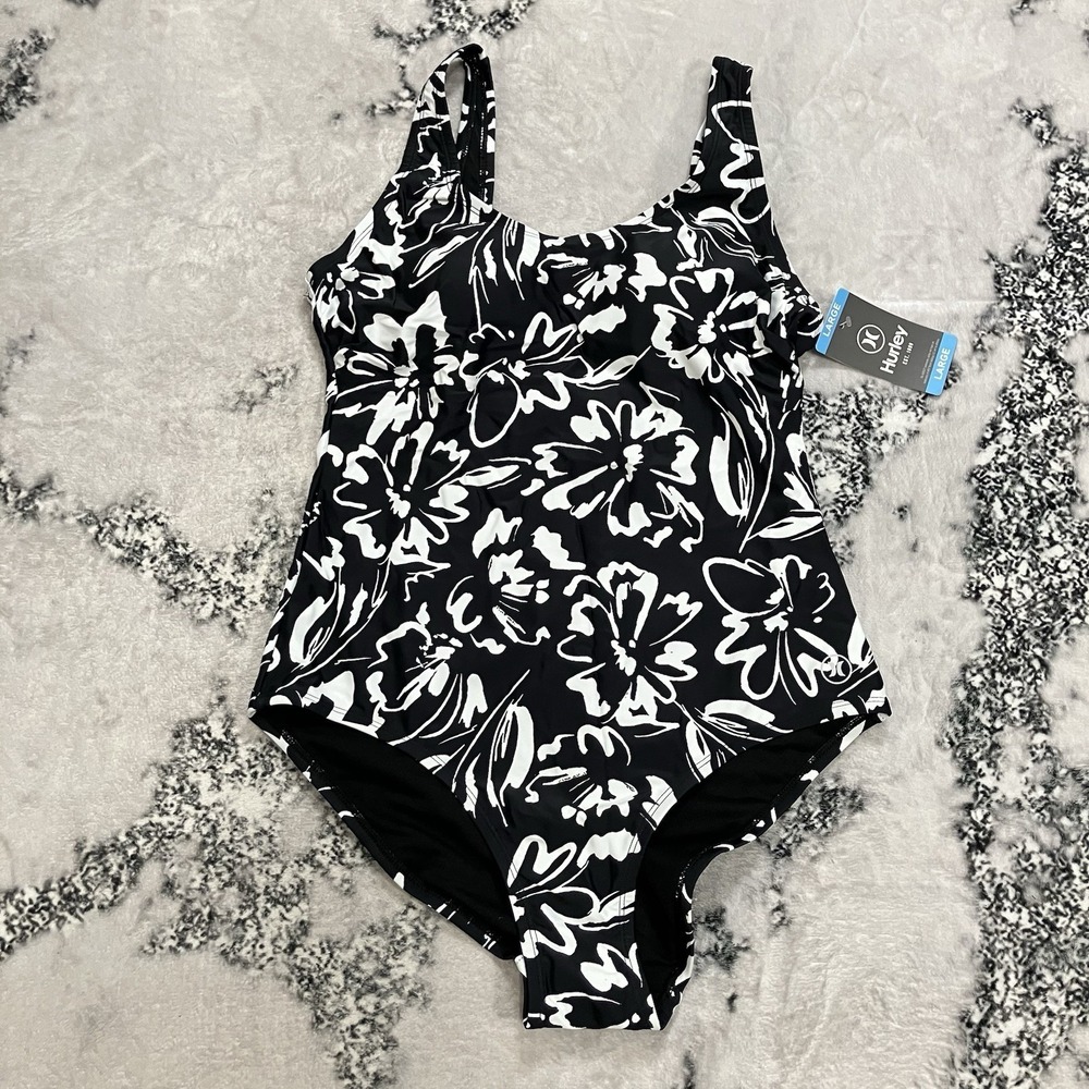 Hurley One Piece Swimsuit Womens Large Black White Floral NWT Scoop Neck